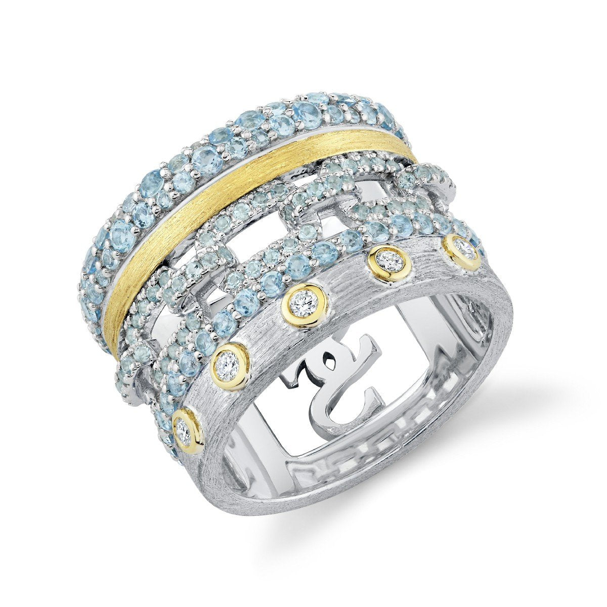Mixed Metal Multi Row Swiss Blue Topaz & Diamond Ring