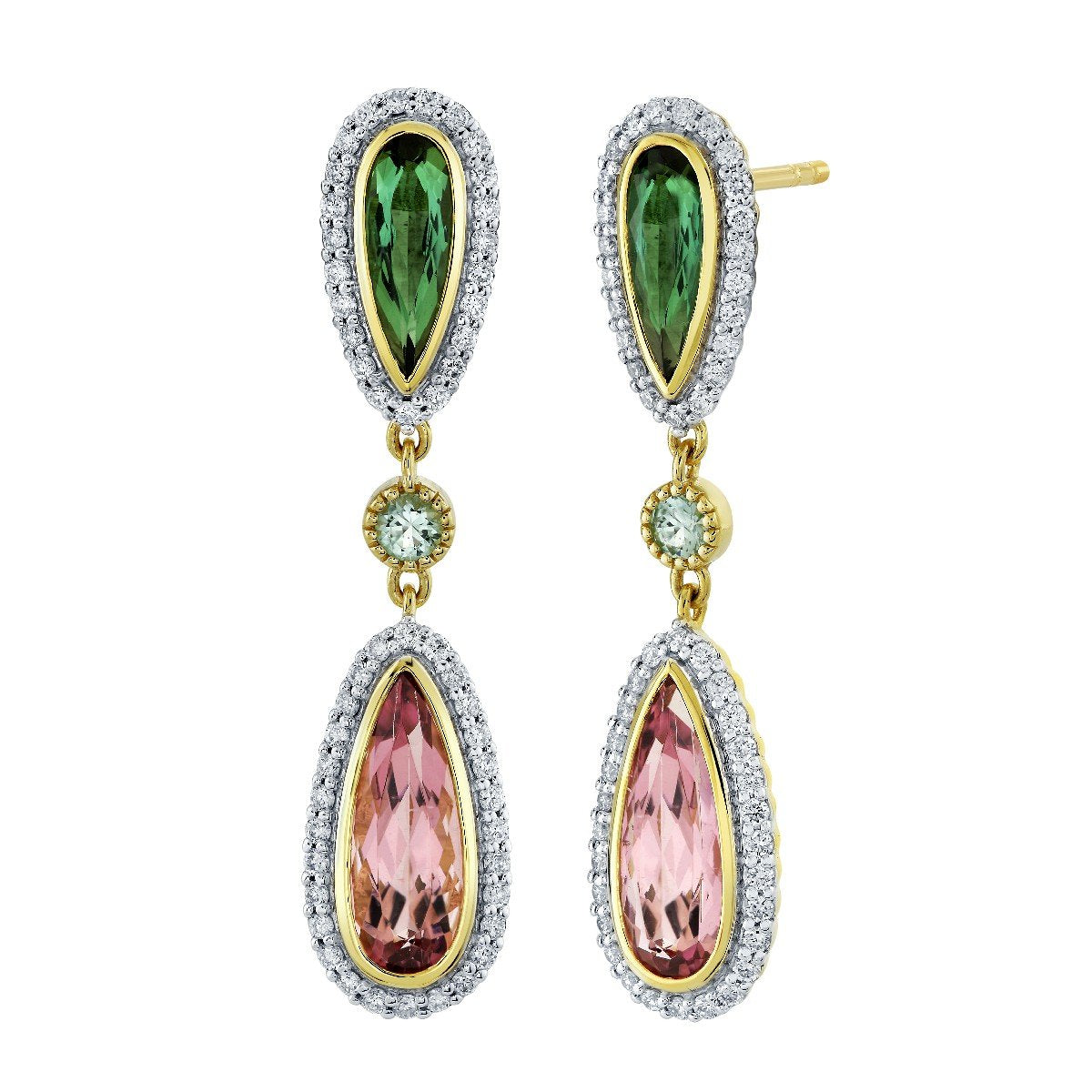 Blue And Pink Tourmaline Pear Drop Earrings With Diamonds