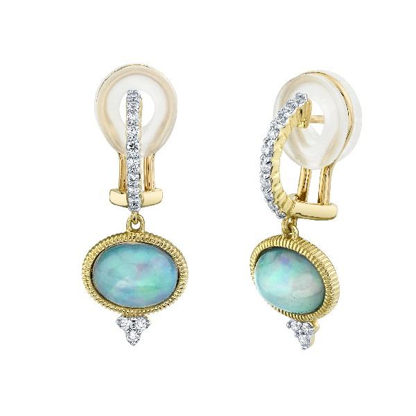 Bezel Set Ethiopian Opal Drop Earrings With Diamonds