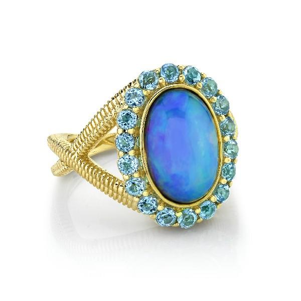 Ethiopian Opal Ring With Swiss Blue Topaz Halo