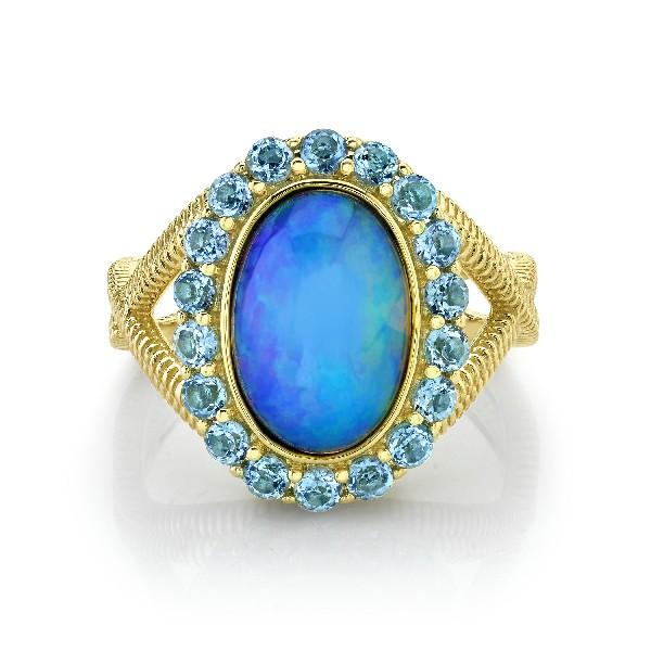 Ethiopian Opal Ring With Swiss Blue Topaz Halo