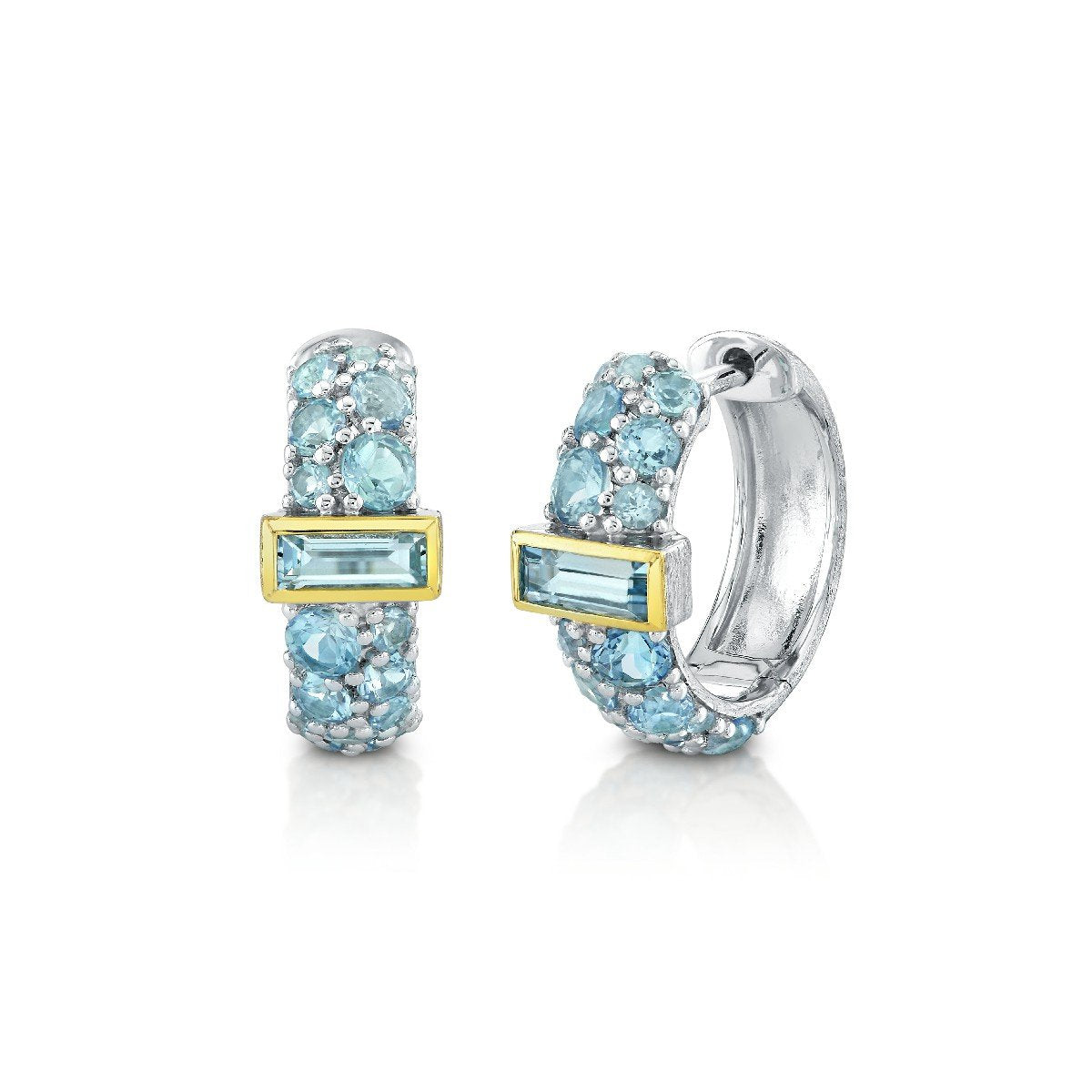 14mm Pavé Swiss Blue Topaz Mix Metal Hoops With Swiss Blue Topaz Baguettes