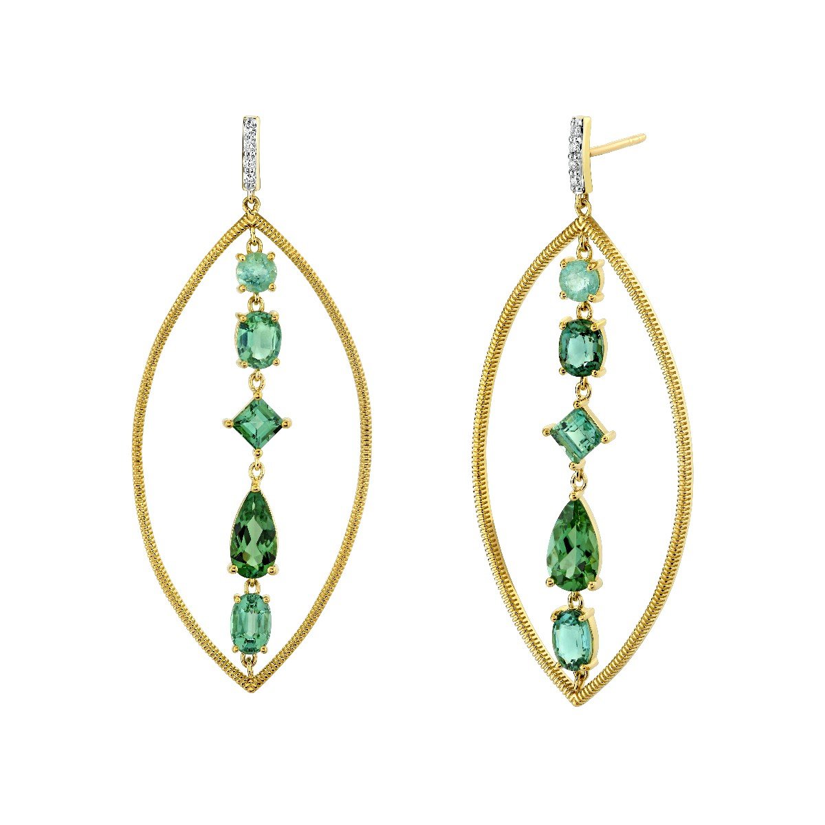 Gold Frame Drop Earrings With Tourmaline And Diamonds Down The Center