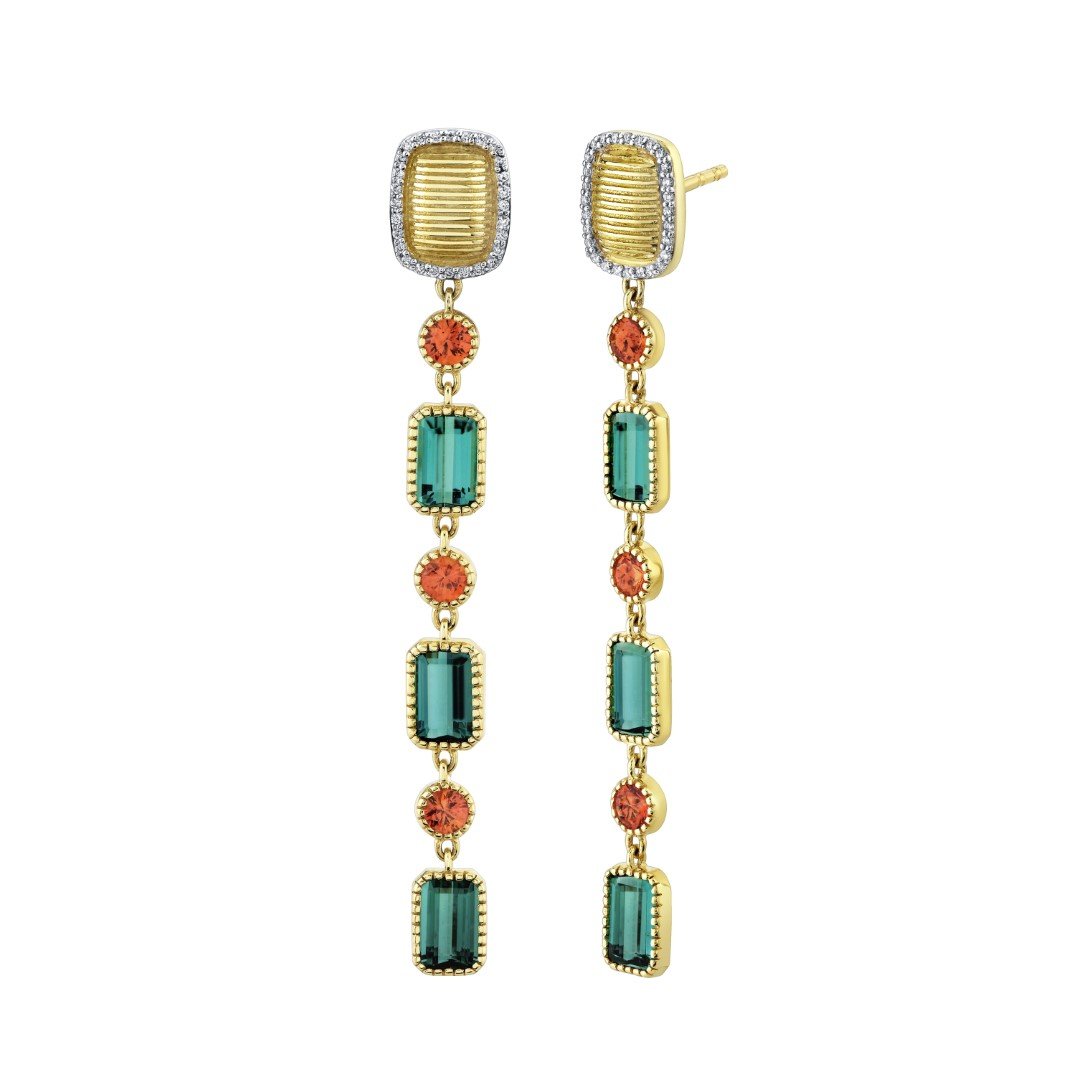 Green Tourmaline And Copper Sapphire Drop Earrings