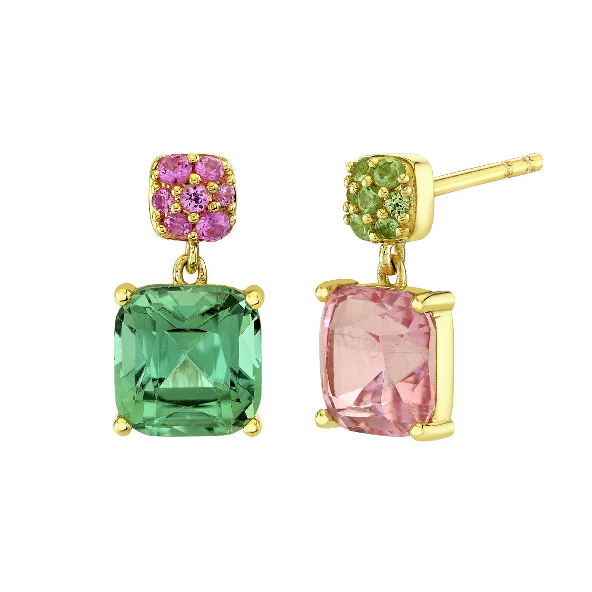 Green And Pink Tourmaline Cushion Drop Earrings