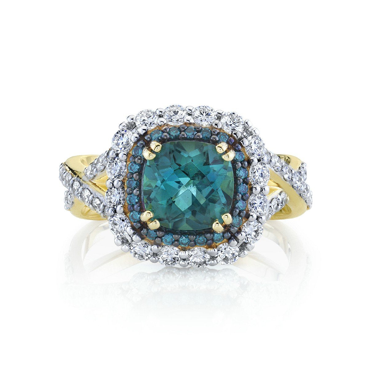 Blue Green Tourmaline Ring With Blue Diamond Inner Halo And Diamond Outter Halo And Criss-Cross Shank