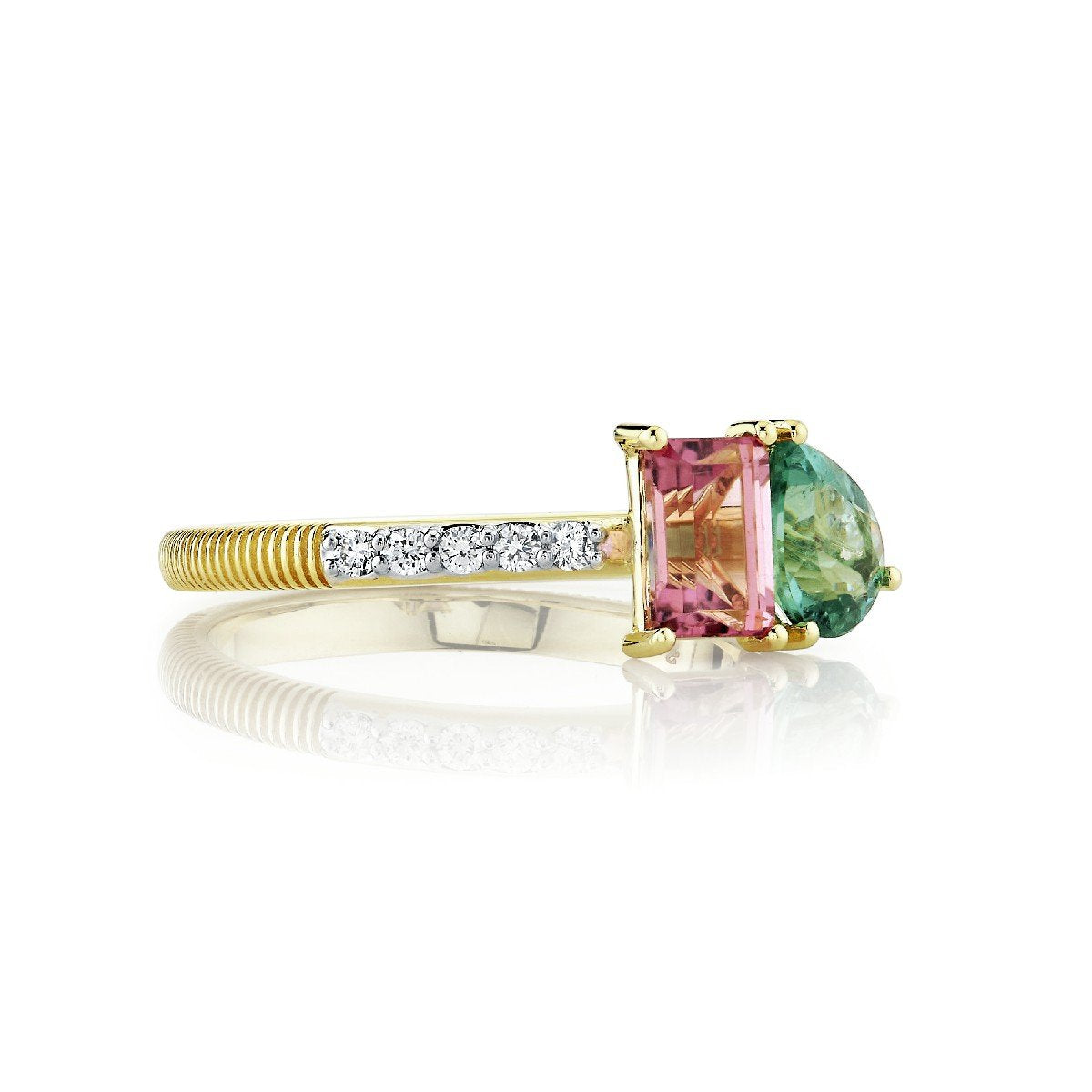 Pariaba And Pink Tourmaline Toi Et Moi Ring With Diamond Shank