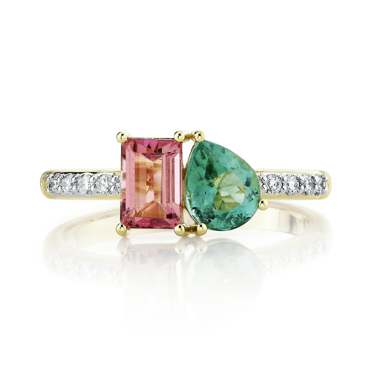 Pariaba And Pink Tourmaline Toi Et Moi Ring With Diamond Shank