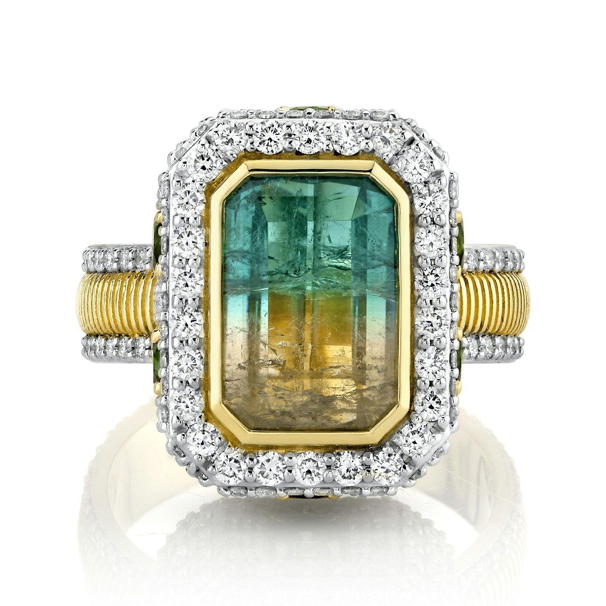 Sunset Tourmaline Ring With Green Tourmaline Edge And Diamond Detail