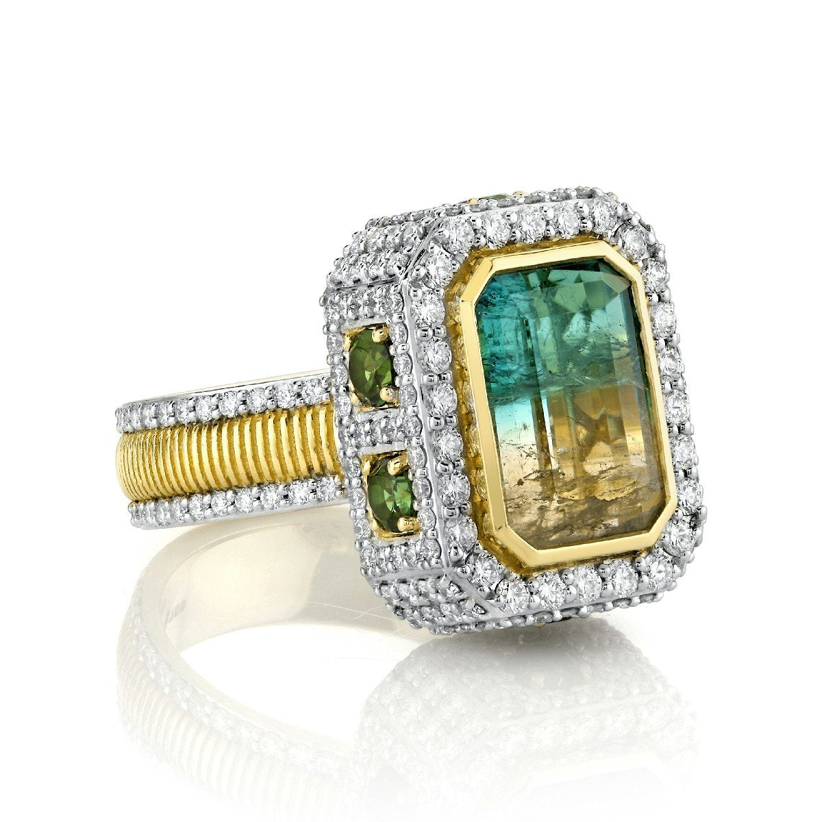 Sunset Tourmaline Ring With Green Tourmaline Edge And Diamond Detail