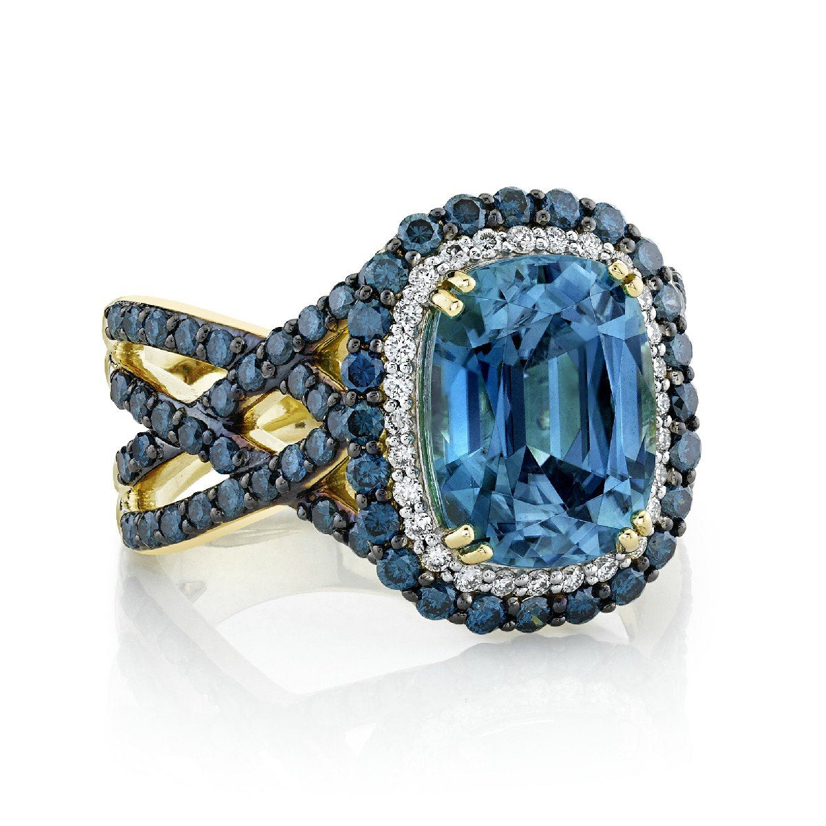 Blue Zircon Ring With Diamond Halo And Blue Diamond Criss-Cross Shank