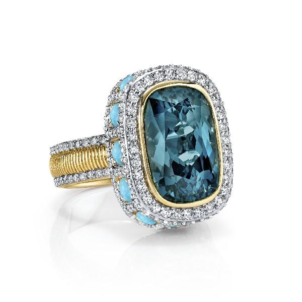 London Blue Topaz Ring With Turquoise Edge & Pave Diamond Detail