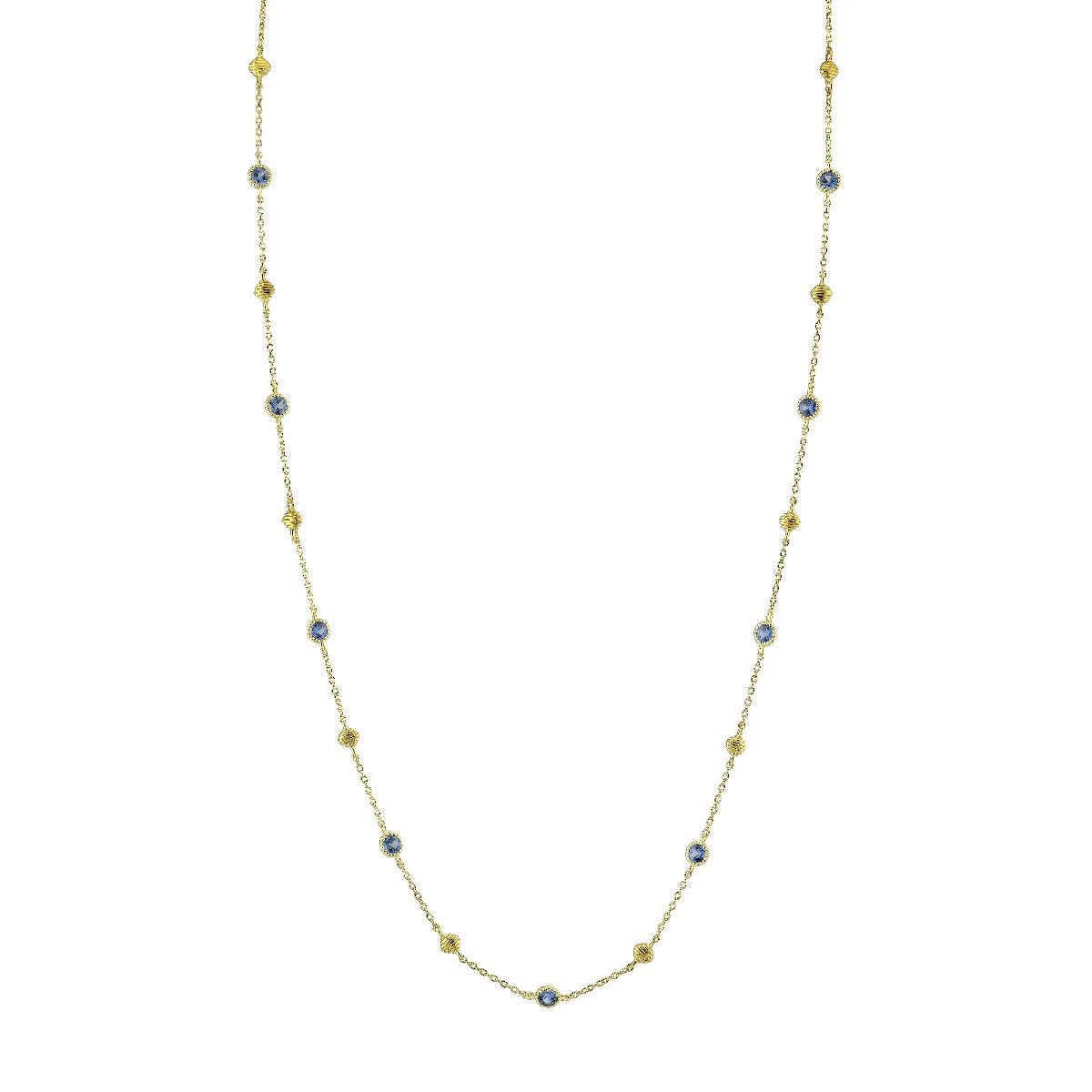 Bezel Set Blue Sapphire Chain With Gold Strie Cushions