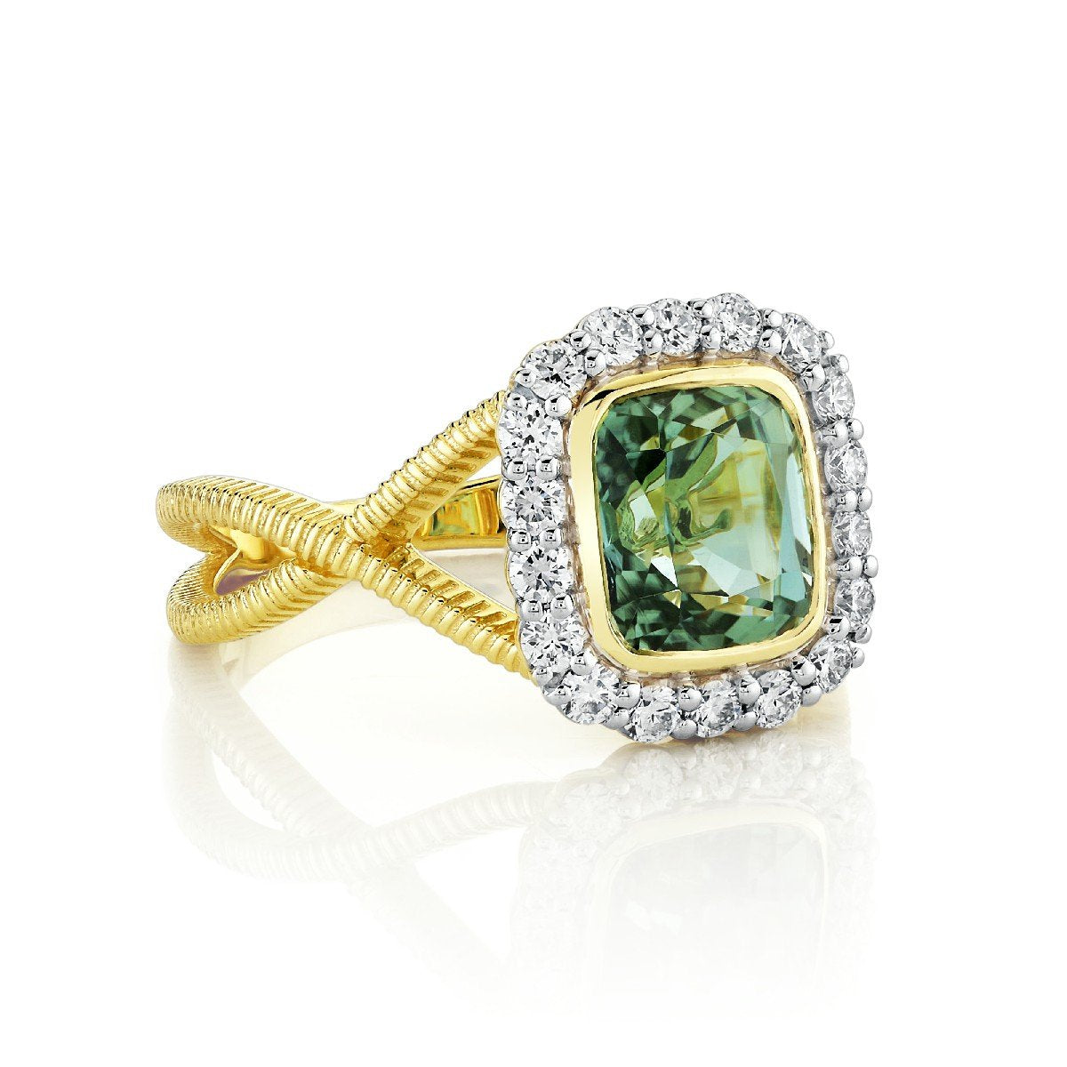 Blue Green Tourmaline Ring With Diamonds