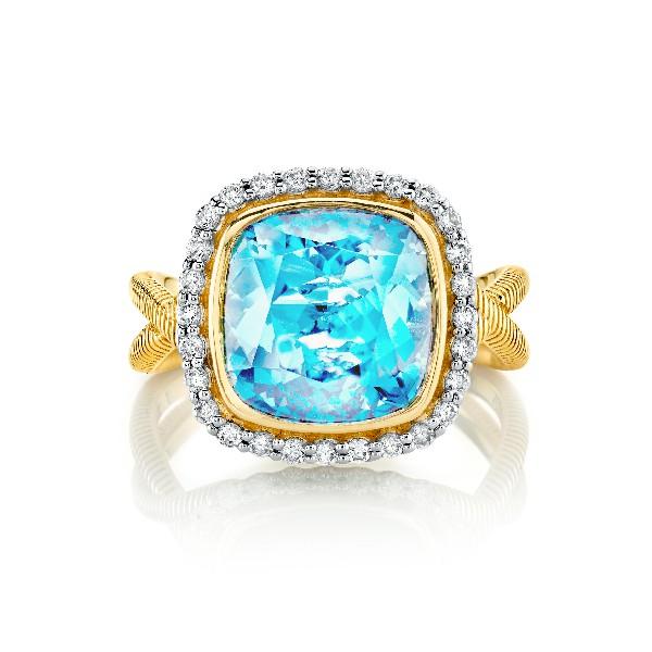 Sky Blue Topaz Cushion Ring With Diamond Halo