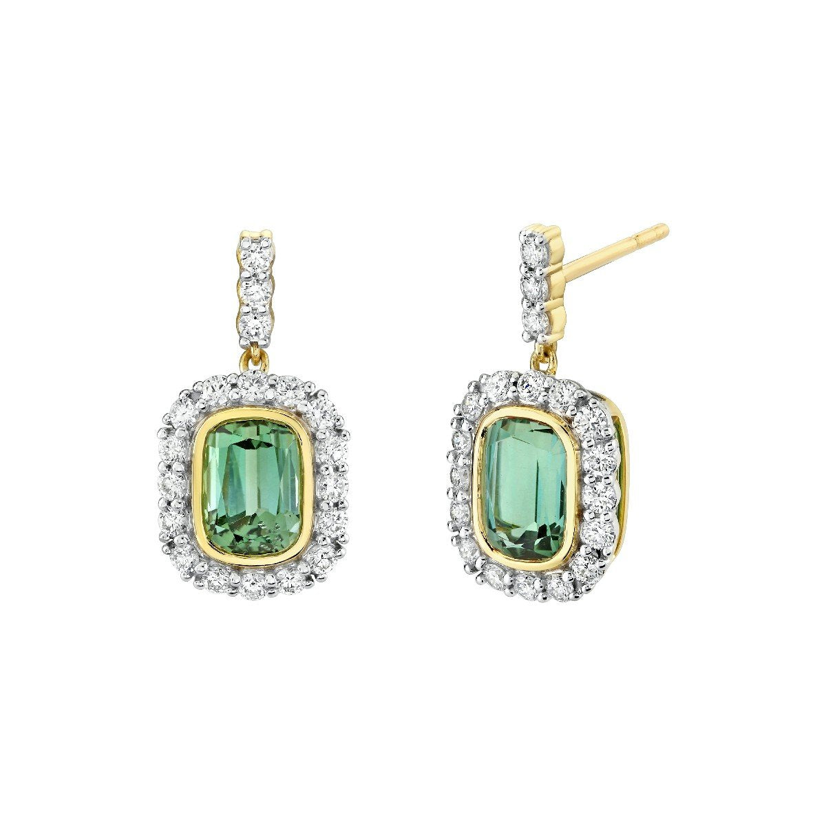 Blue Green Tourmaline Drop Earrings With Diamond Halo