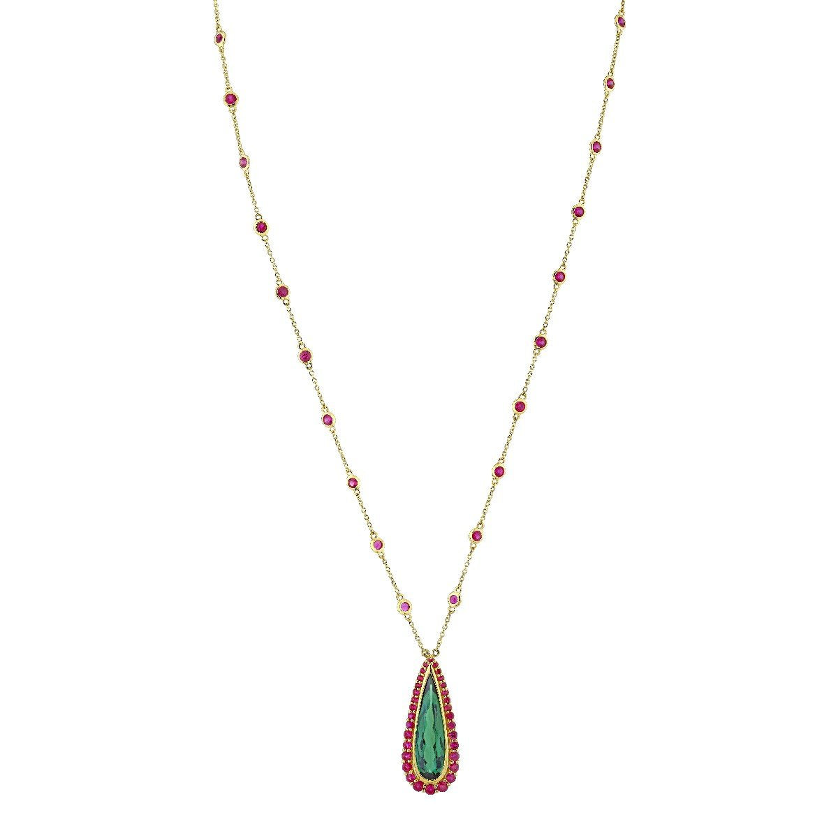 Pink Tourmaline Chain With Green Tourmaline Pendant And Pink Tourmaline Halo