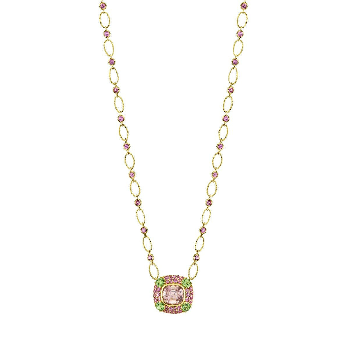 Pink Tourmaline Pendant With Merelani Mint Garnets & Pink Sapphire Detailing On Pink Sapphire Link Chain