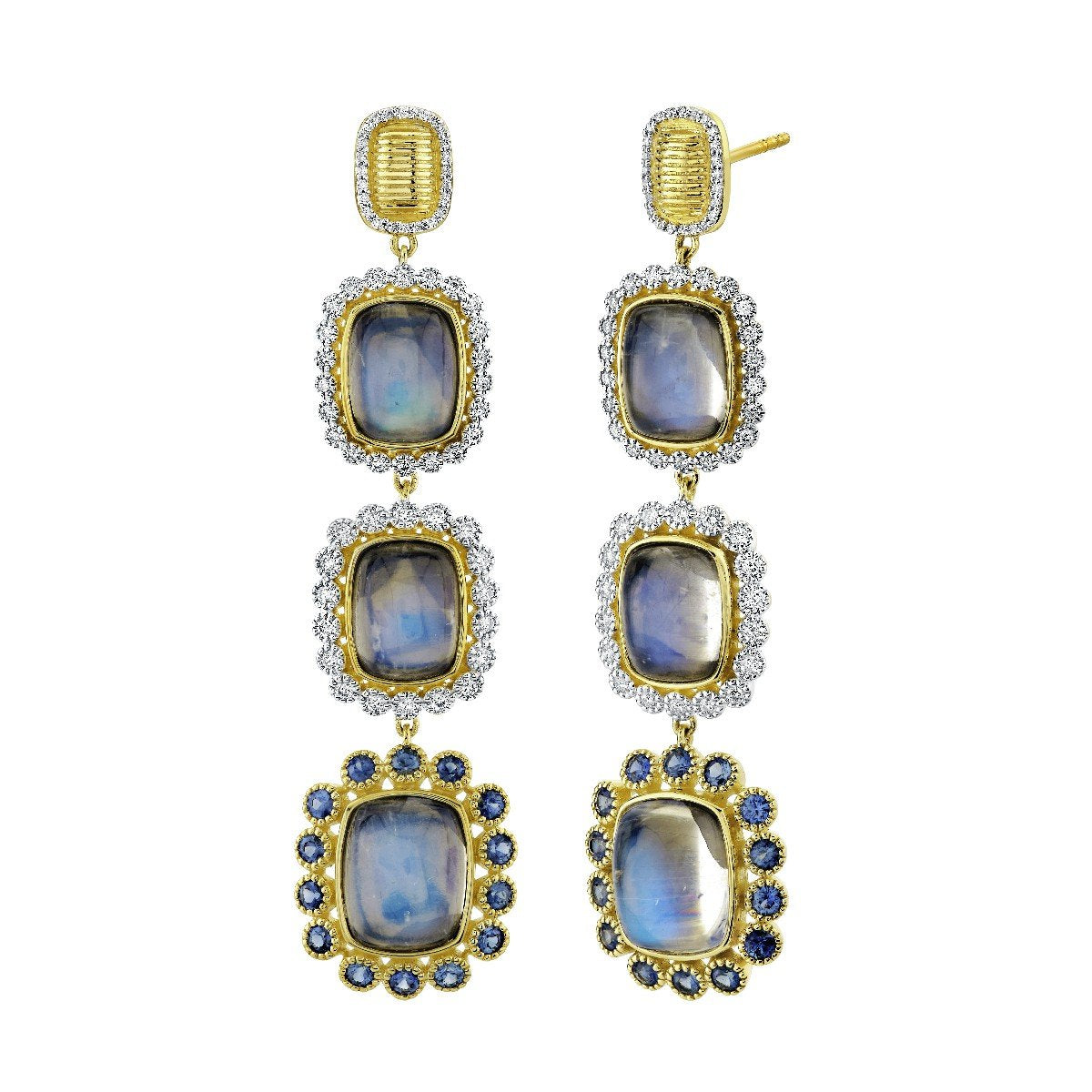 Triple Drop Blue Moonstone Earrings With Blue Sapphires And Diamonds