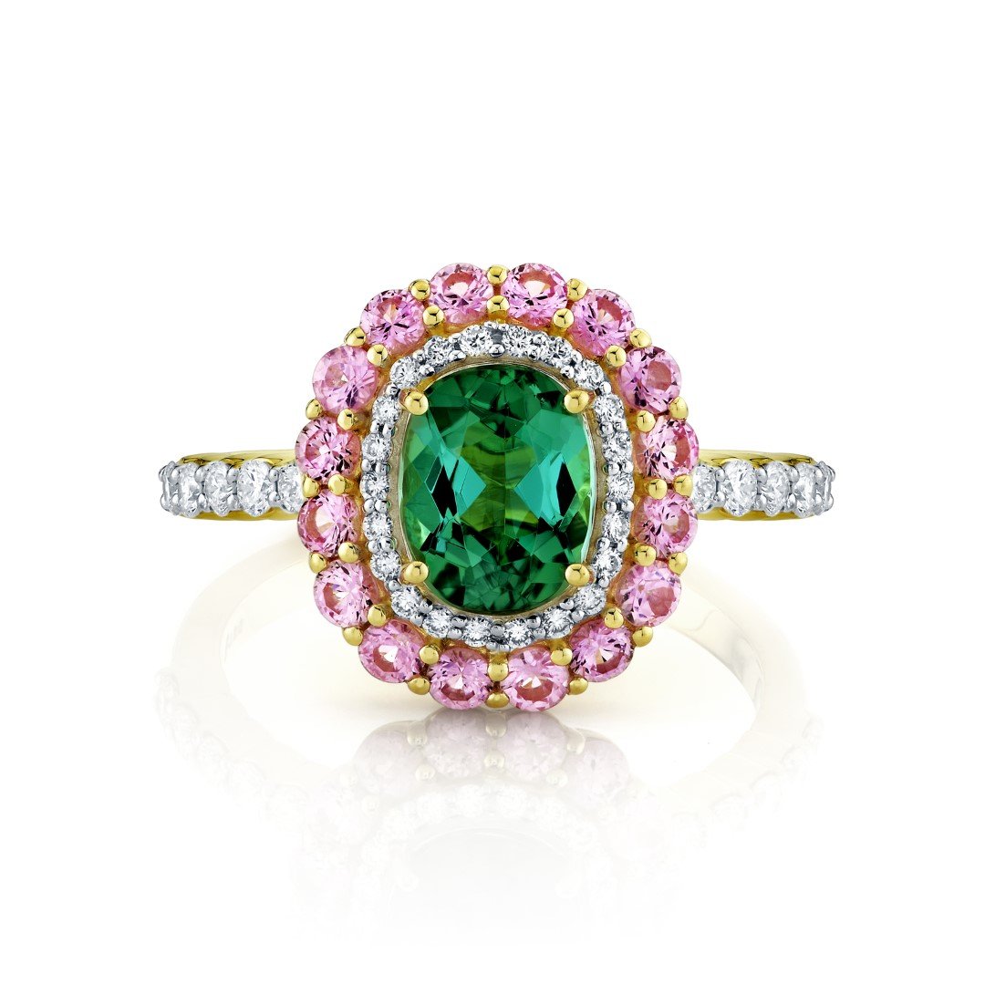 Green Tourmaline Ring With Pink Sapphire Halo