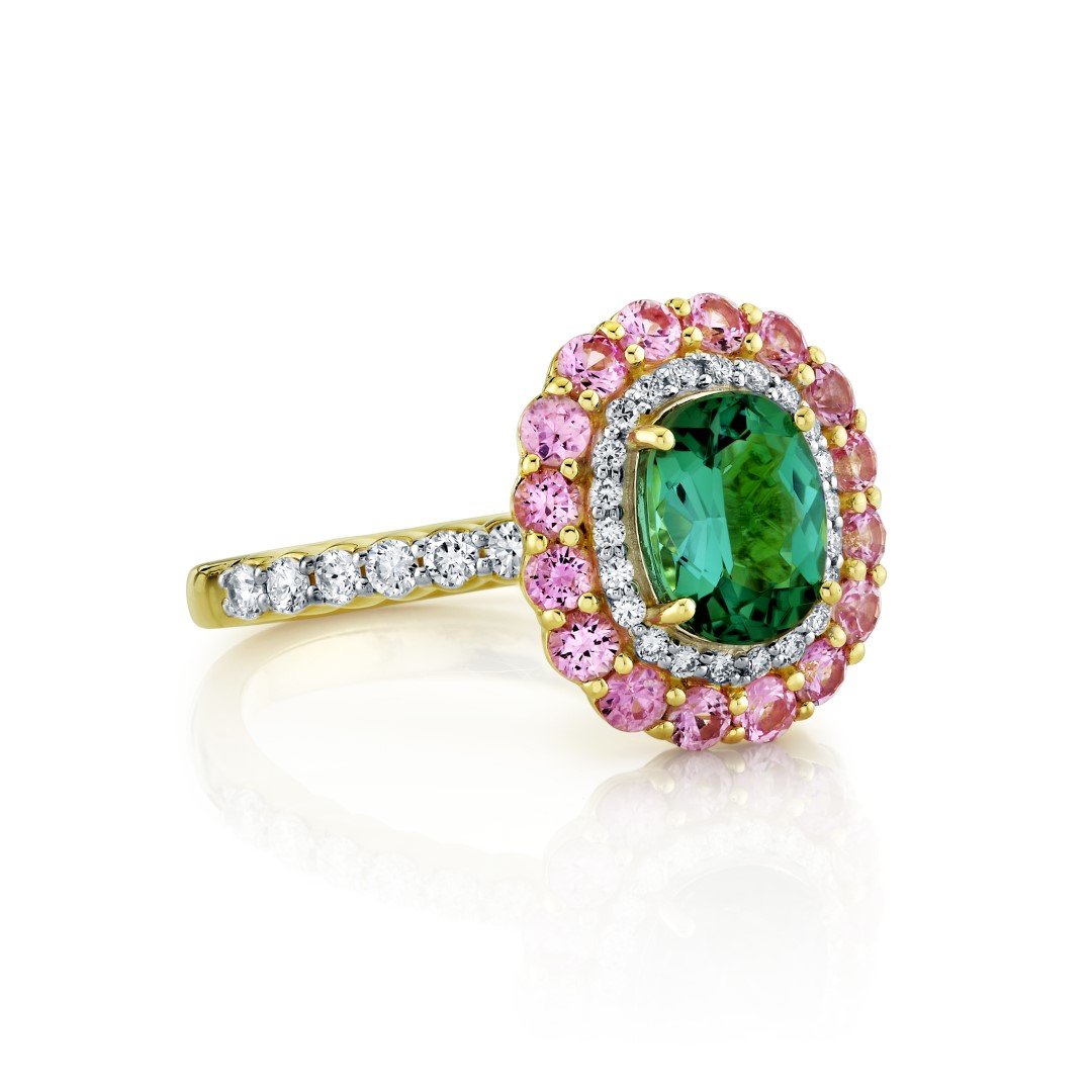 Green Tourmaline Ring With Pink Sapphire Halo