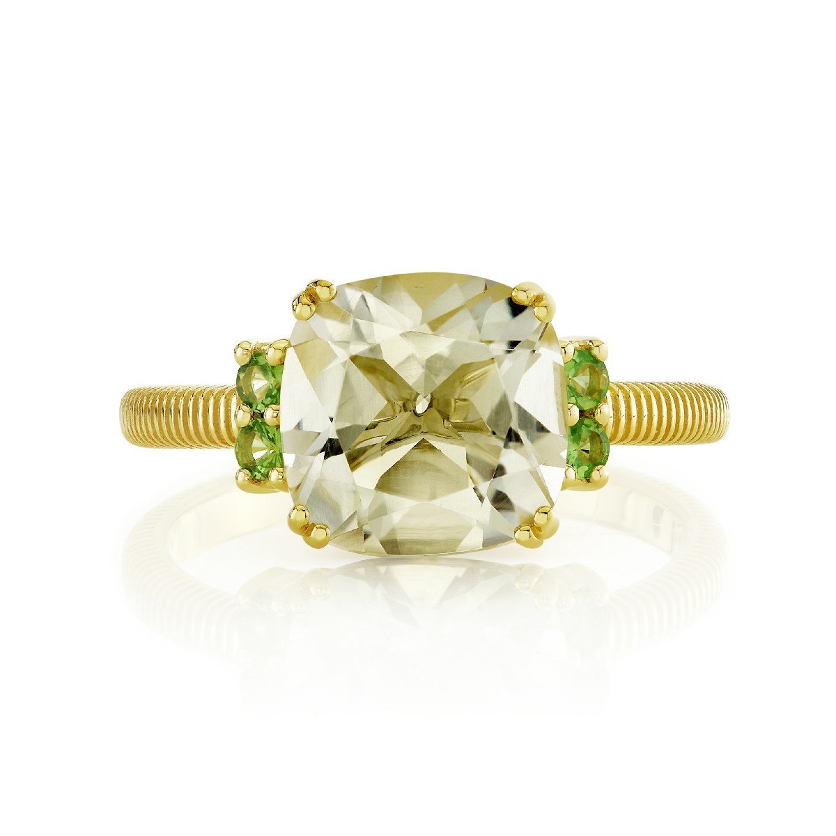 Green Amethyst Cushion Ring With Tsavorite