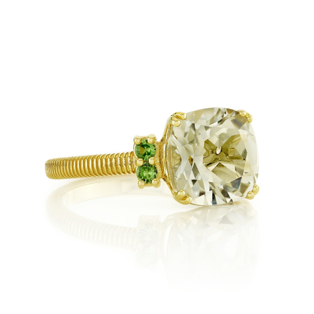 Green Amethyst Cushion Ring With Tsavorite