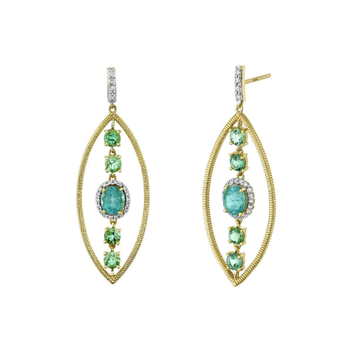 Paraiba And Seafoam Tourmaline Set in Gold Marquise Frame Earrings