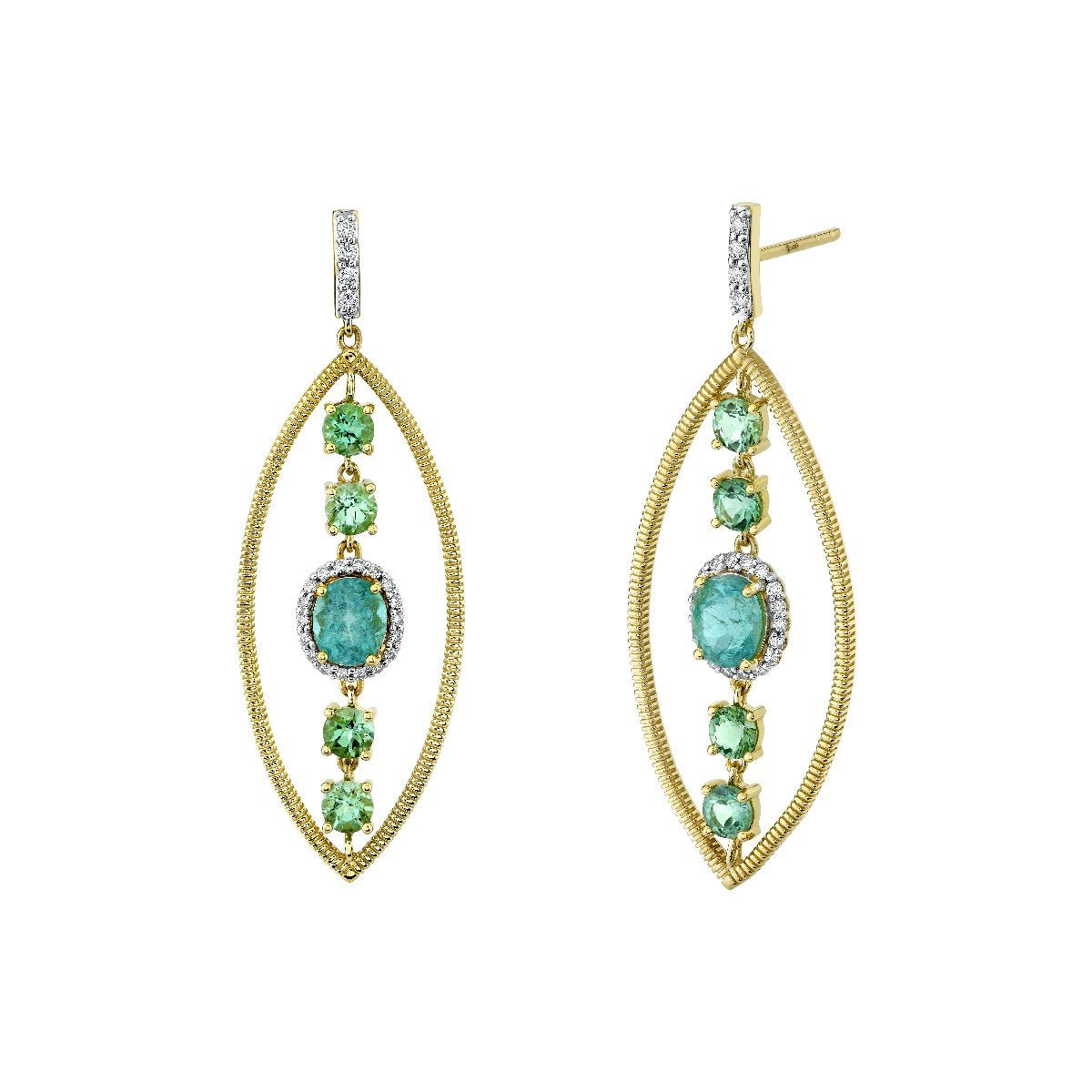 Paraiba And Seafoam Tourmaline Set in Gold Marquis Frame Earrings