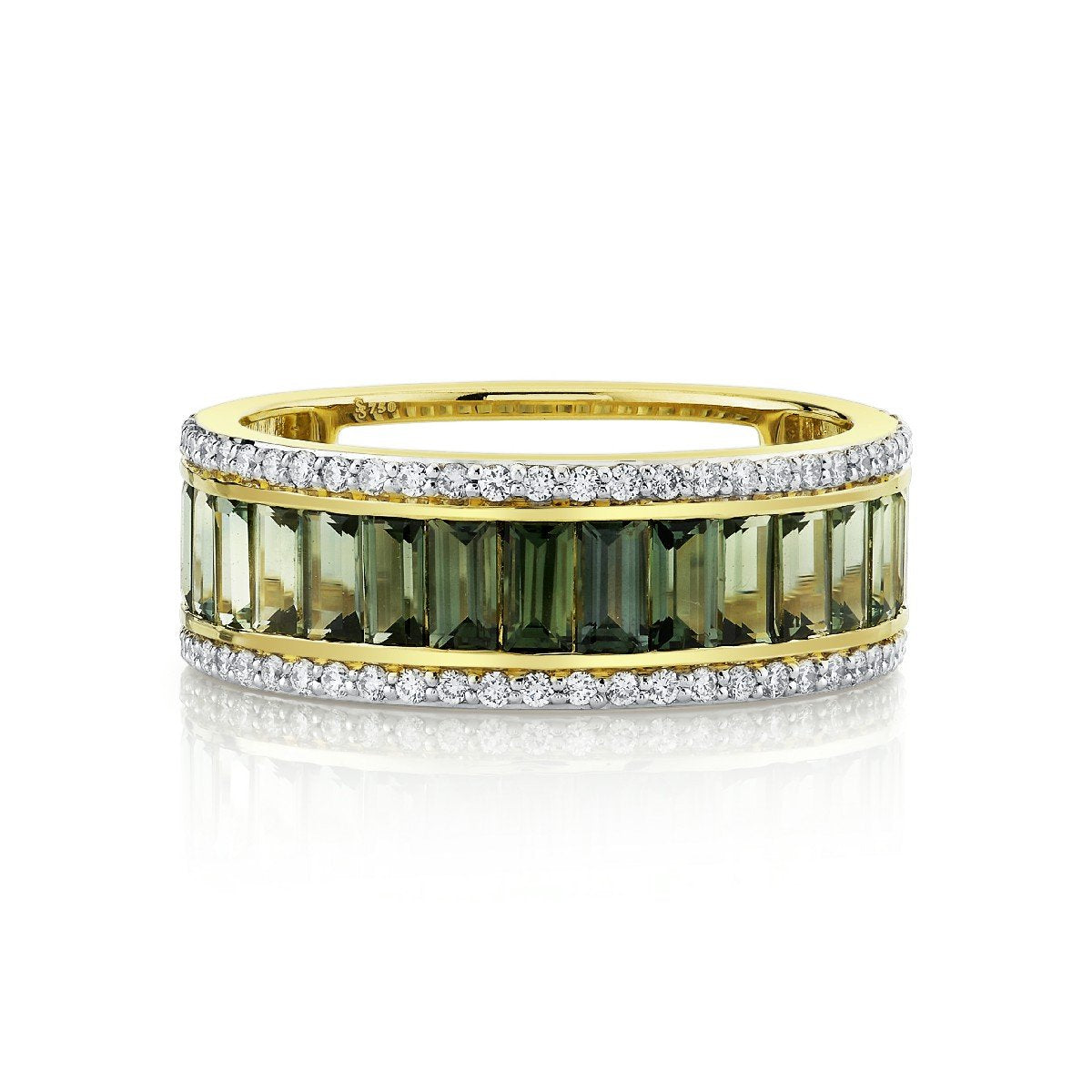 Green Sapphire Baguette Band With Diamond Edges