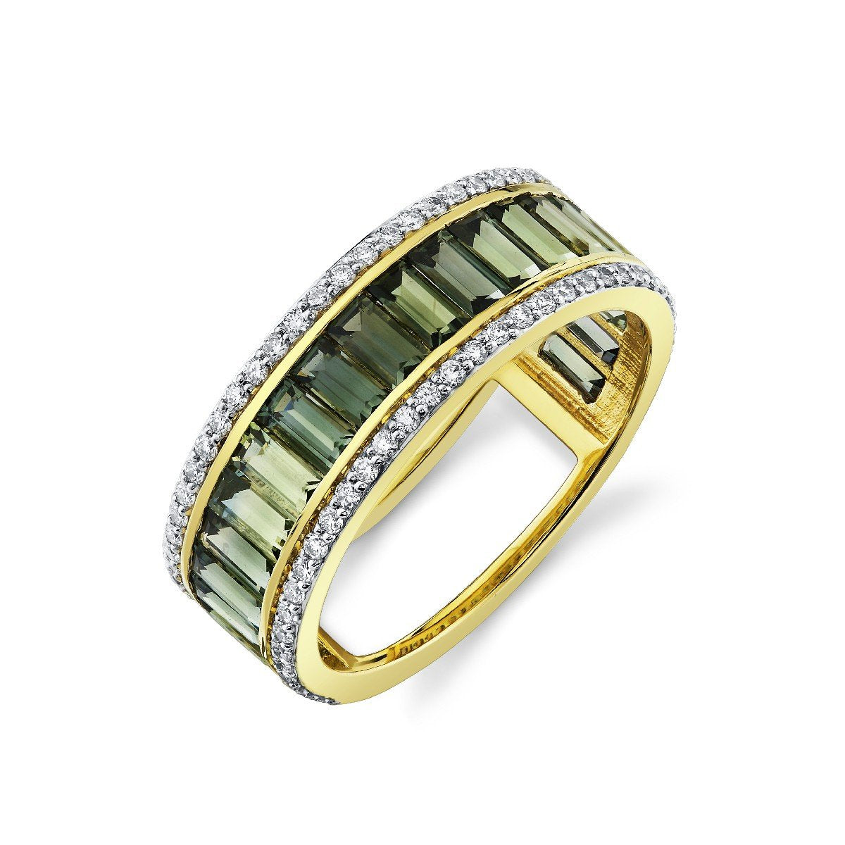 Green Sapphire Baguette Band With Diamond Edges