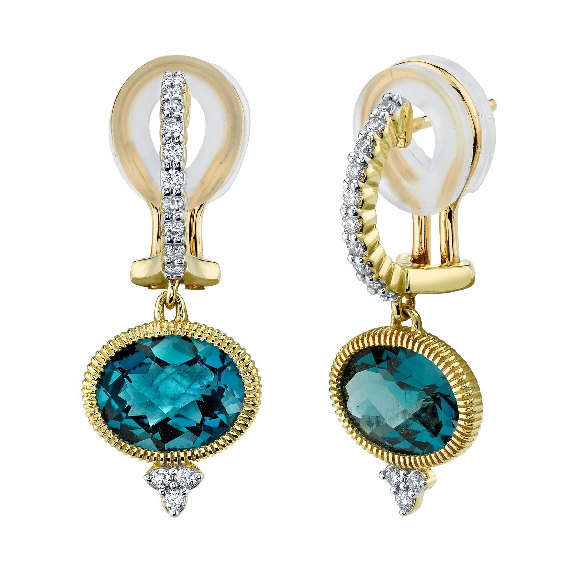 Bezel Set London Blue Topaz Drop Earrings With Diamonds