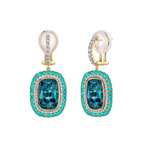 London Blue Topaz Earrings with Turquoise and White Diamond Detail