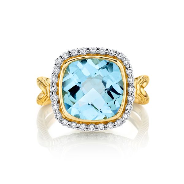 Sky Blue Topaz Ring with White Diamond Halo and Strie Shank