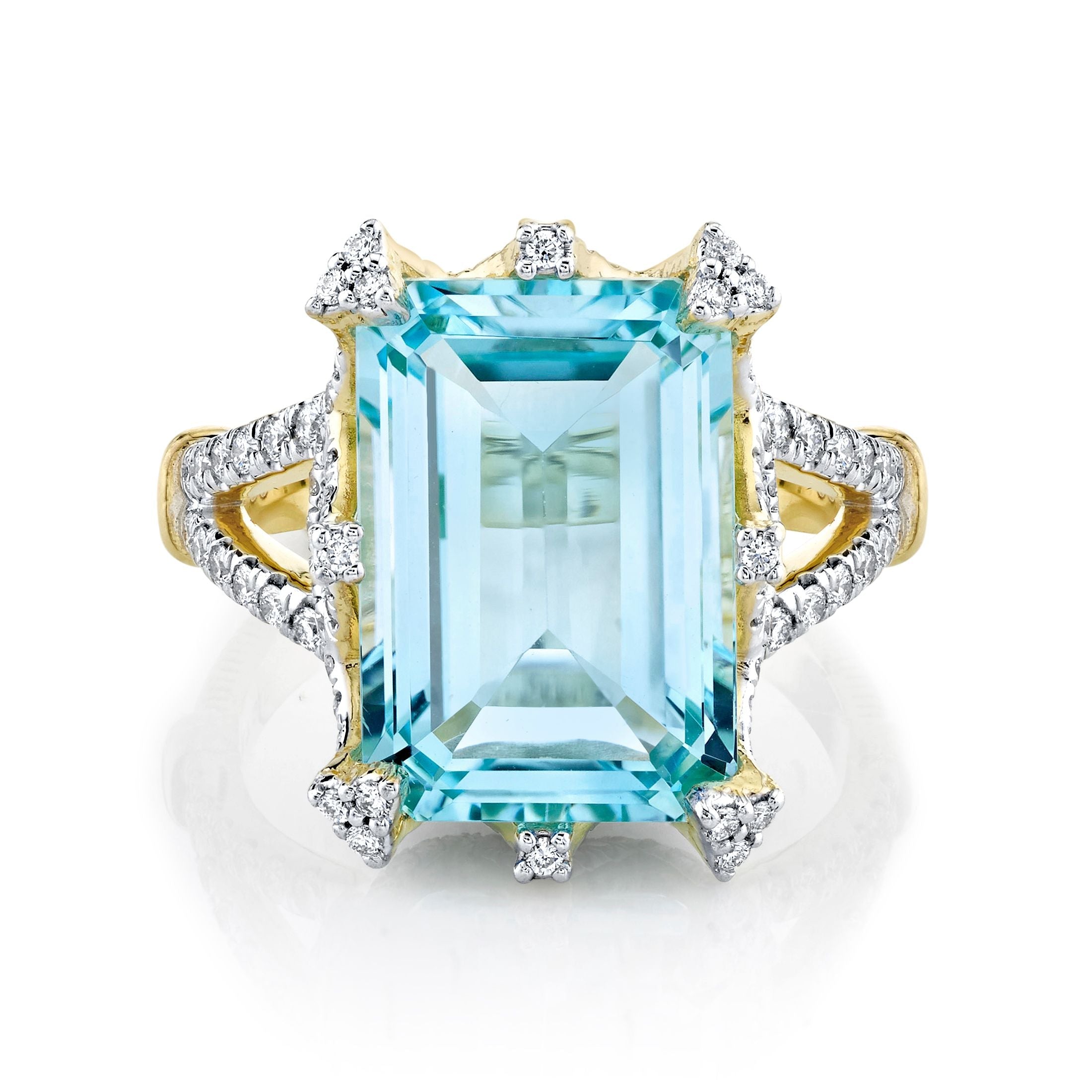 Emerald Cut Sky Blue Topaz Ring with White Diamond Detail