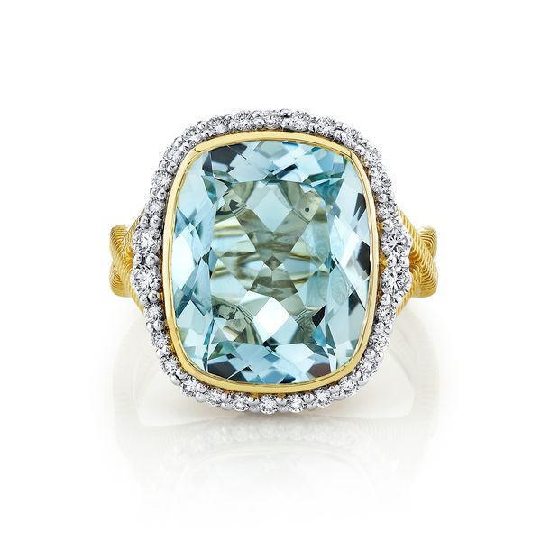 Sky Blue Topaz Ring with Diamond Halo and Criss-Cross Strie Shank