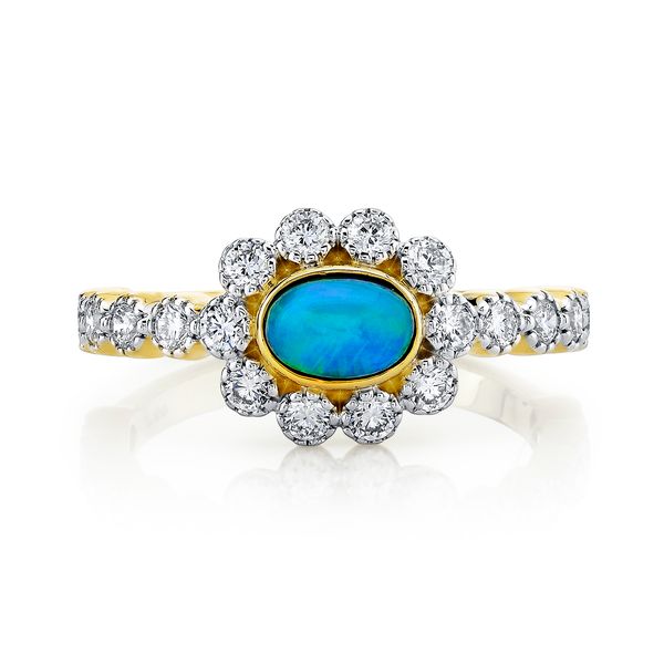 Oval Ethiopian Opal Ring with White Diamond Halo and Shank