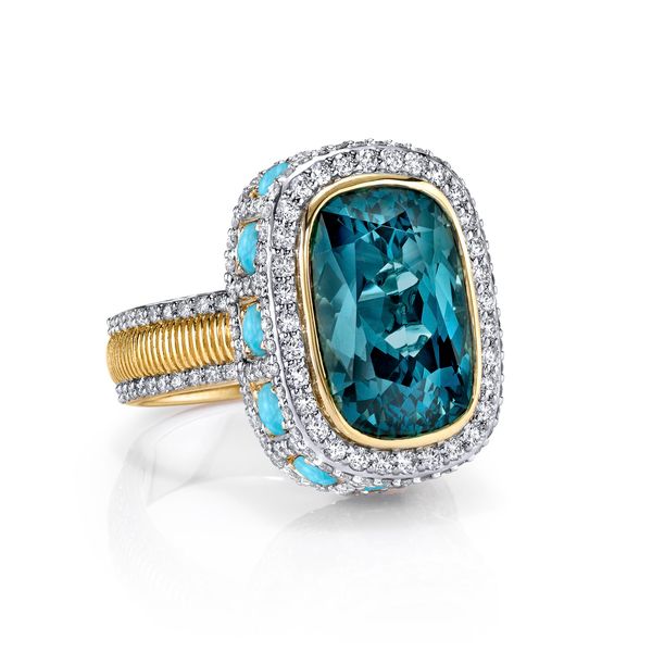 London Blue Topaz and Turquoise Ring with White Diamond Detail
